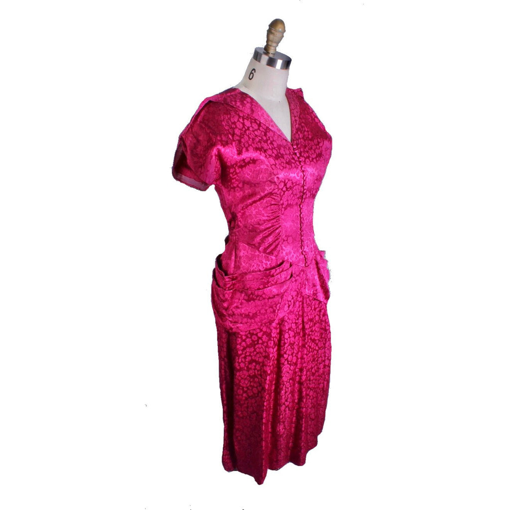 Vintage 1940s Dress Deep Fuchsia Damask WW2 Womens Sz S/M Hip Drapes Women's,New Arrivals The Best Vintage Clothing