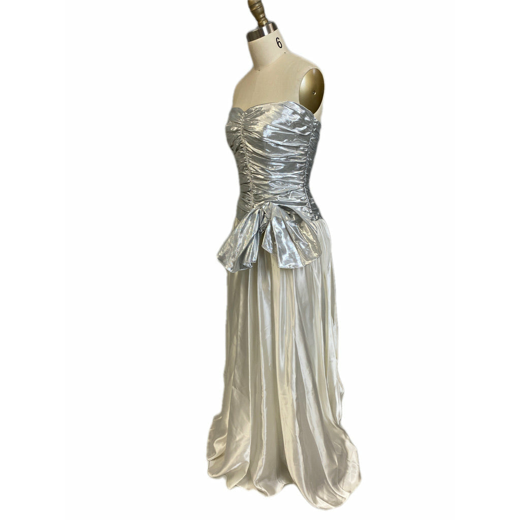 Vtg Nadine 70s Prom Queen Strapless Metallic Silver/White NWT S Maxi Elegant The Best Vintage Clothing