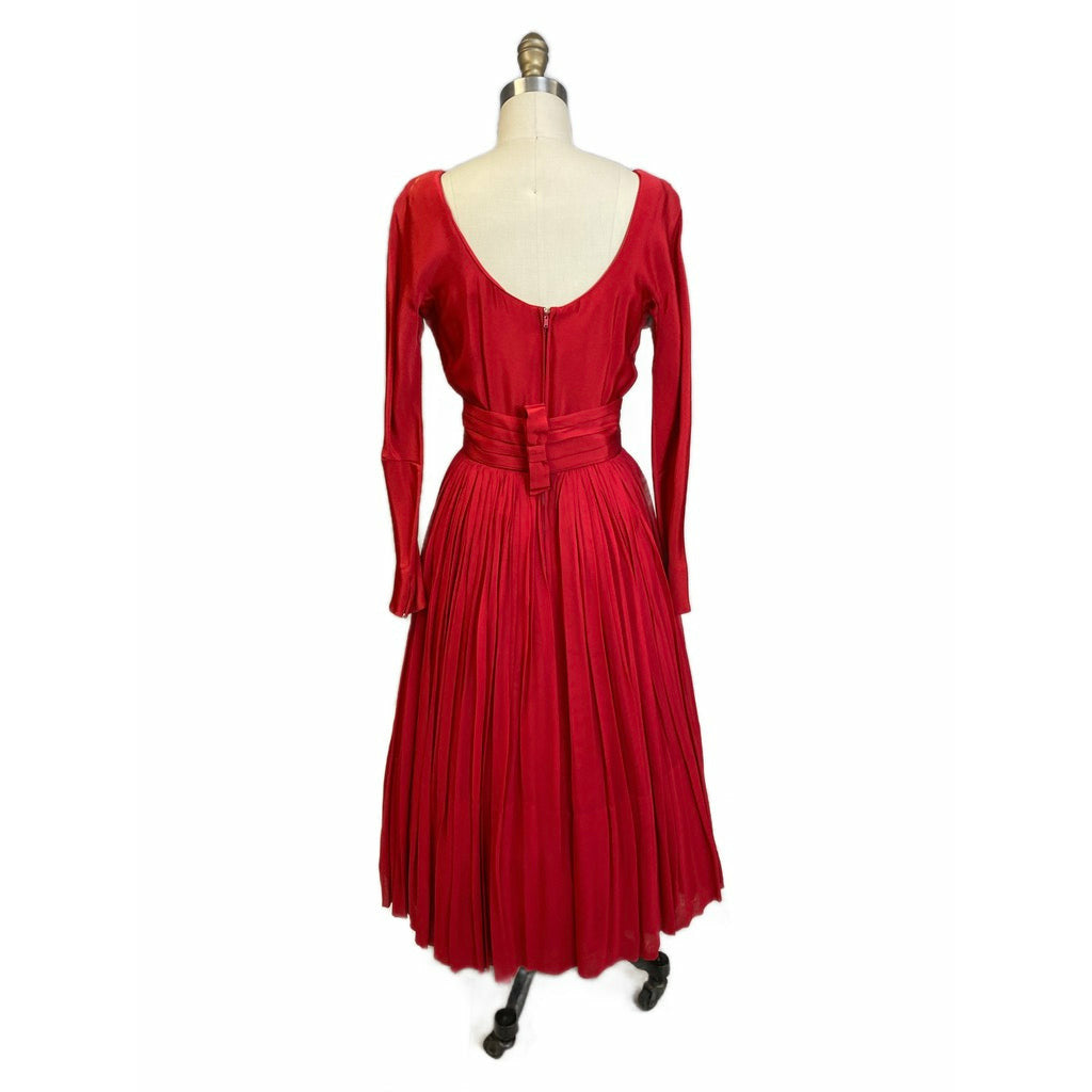 1940s Vintage Cocktail Dress Red L'Aiglon Wide Waist Sheer Skirt Sleek M Dresses The Best Vintage Clothing