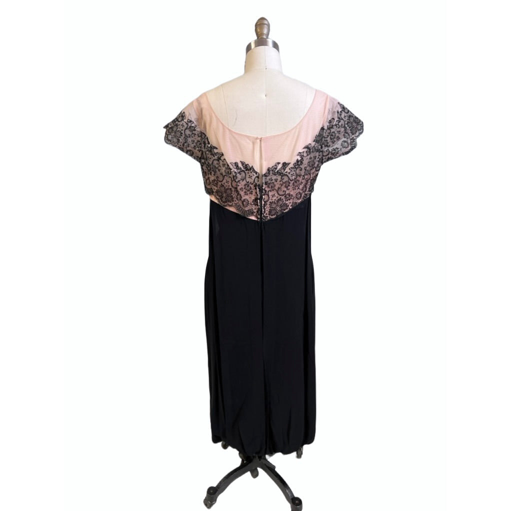 Vintage Black /Pink Rayon & Lace Cocktail Hobble Dress Wiggle Train 1950s 40-30-43 Women's The Best Vintage Clothing