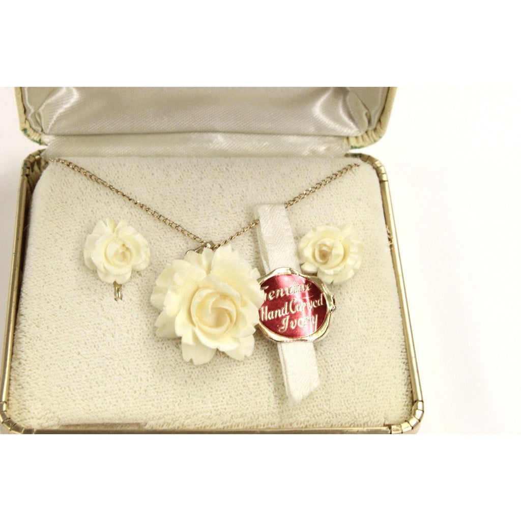 ANTIQUE CARVED ROSE Necklace & Earrings Genuine Natural Ivory 12K GF Van Dell The Best Vintage Clothing