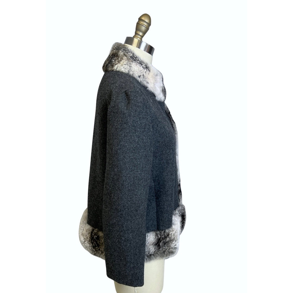 Vtg 1970s Boxy Charcoal Gray Wool Jacket Chinchilla Fur Trim Womens M coat The Best Vintage Clothing