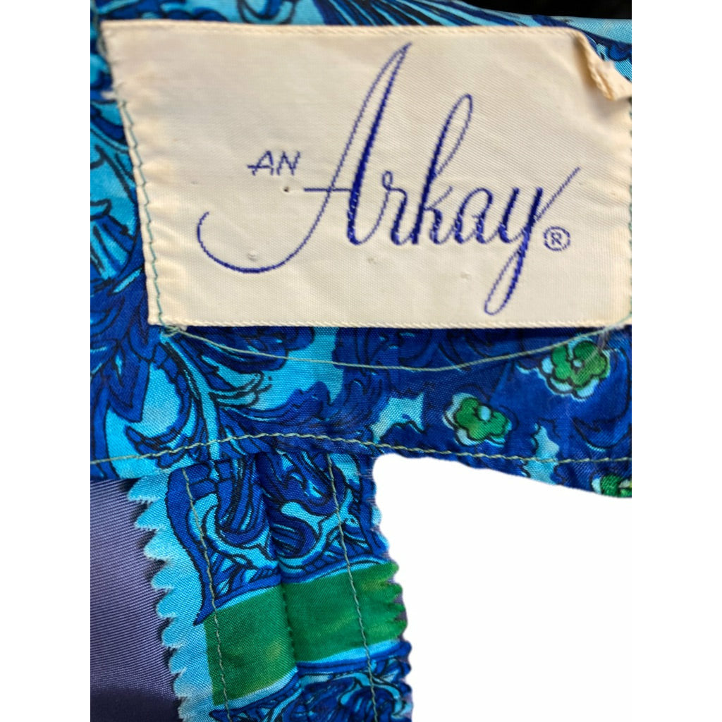 VTG Arkay Silk Dress 50s Hooded Unique Blue Floral Border S Day Dress Zip Front Dresses The Best Vintage Clothing