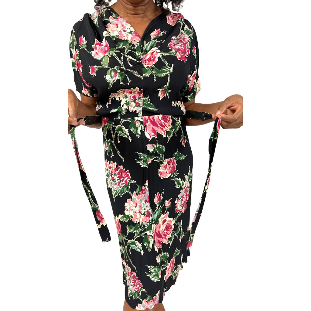 Amazing 1940s Black Famous Frocks Vintage Dress Rayon Print Black. Pink Floral Womens M The Best Vintage Clothing