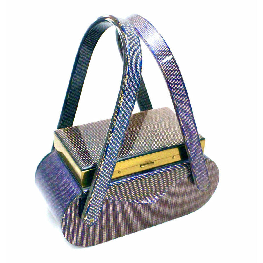VTG Wilardy Periwinkle Iridescent Lucite Bag With Compact In Lid 1940s Box Purse New Arrivals The Best Vintage Clothing