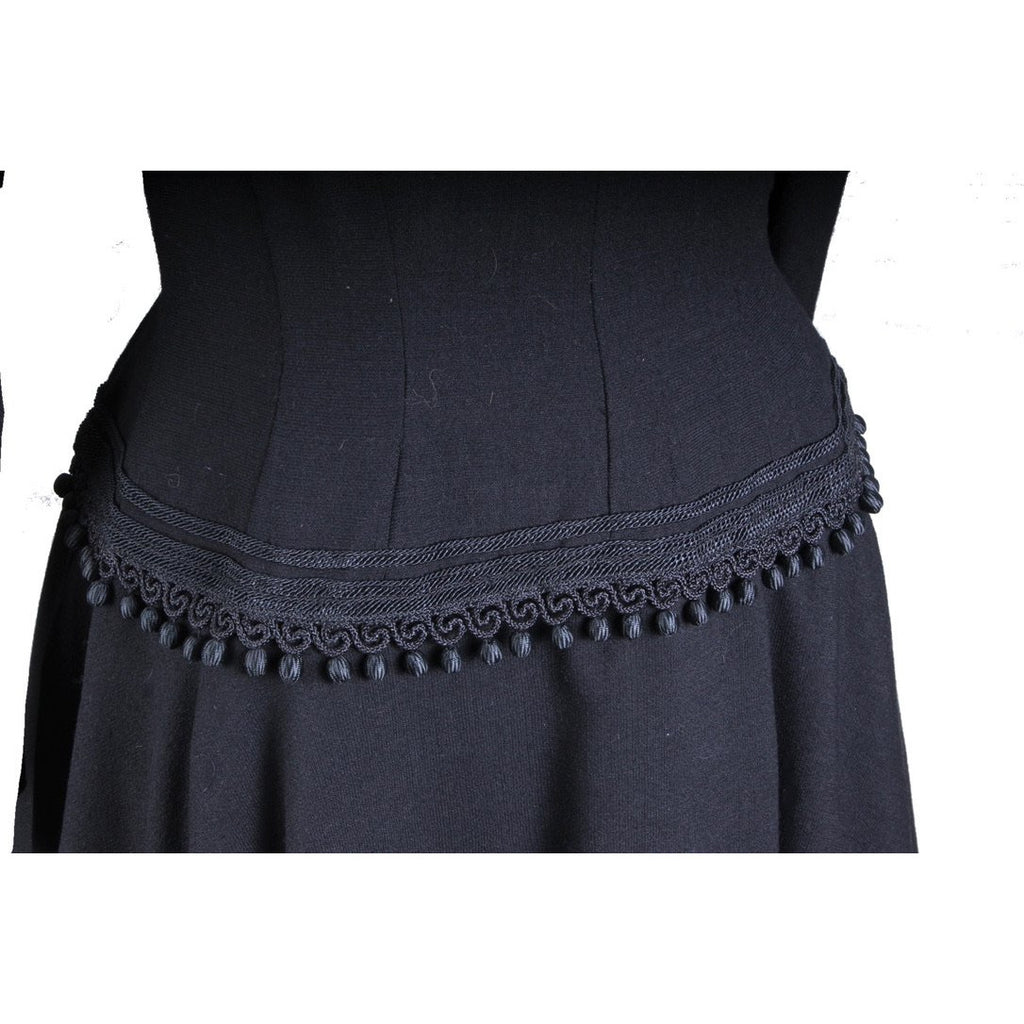 VTG Black Late 1940s Dress With Corde Ball Fringe Hip Detail LBD Wool New Look Womens S/M Dress The Best Vintage Clothing