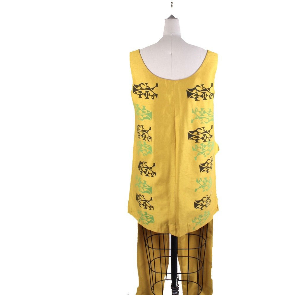 Vintage Tummey Hand Block Printed 1970s Pantsuit Yellow Tunic & Slacks S/M The Best Vintage Clothing