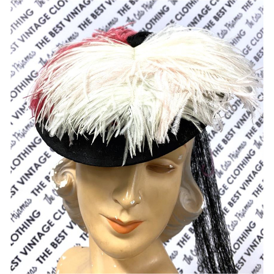 VTG Hattie Carnegie Hat Fascinator Pink White Feathers 1940s Doll Hat O/S The Best Vintage Clothing