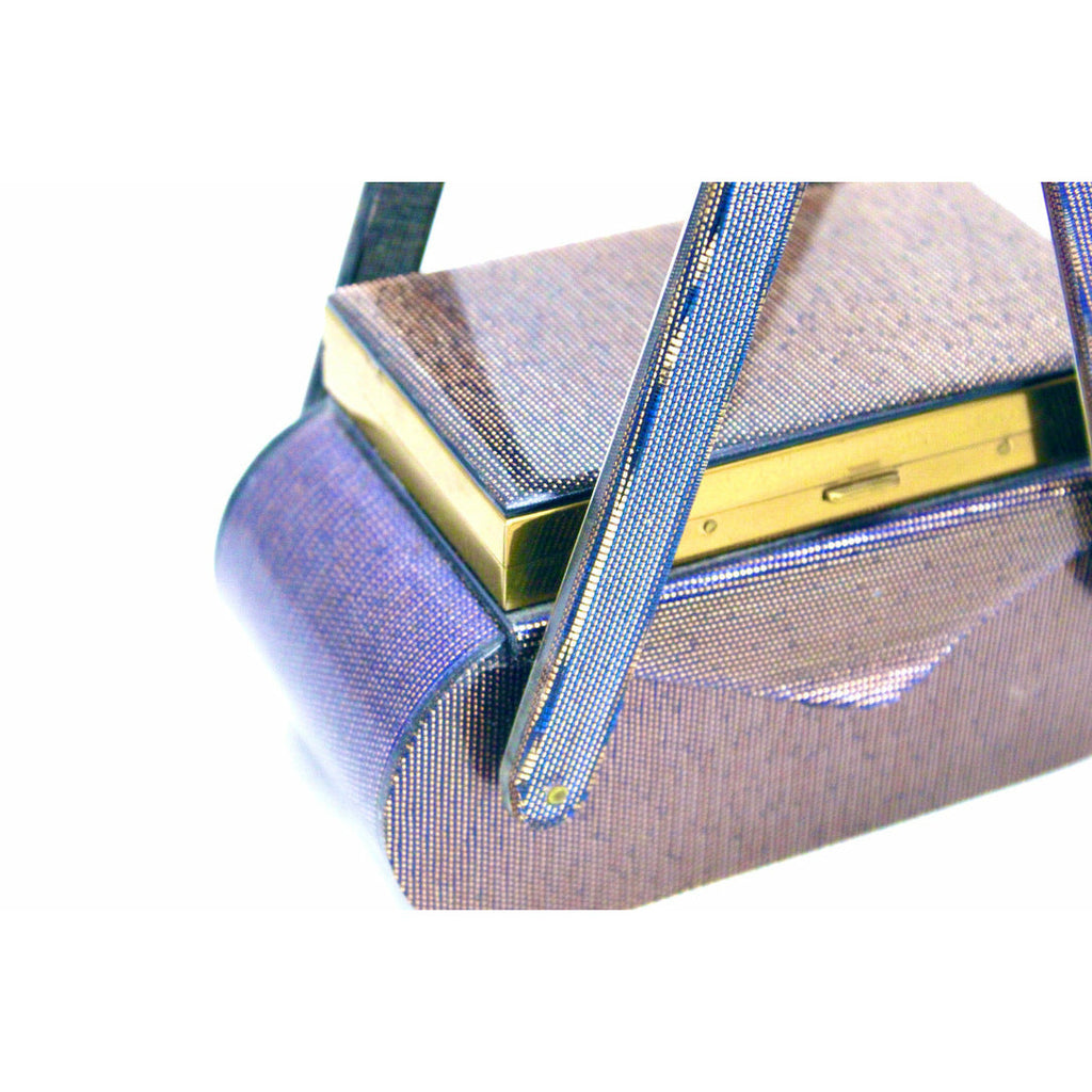 VTG Wilardy Periwinkle Iridescent Lucite Bag With Compact In Lid 1940s Box Purse New Arrivals The Best Vintage Clothing
