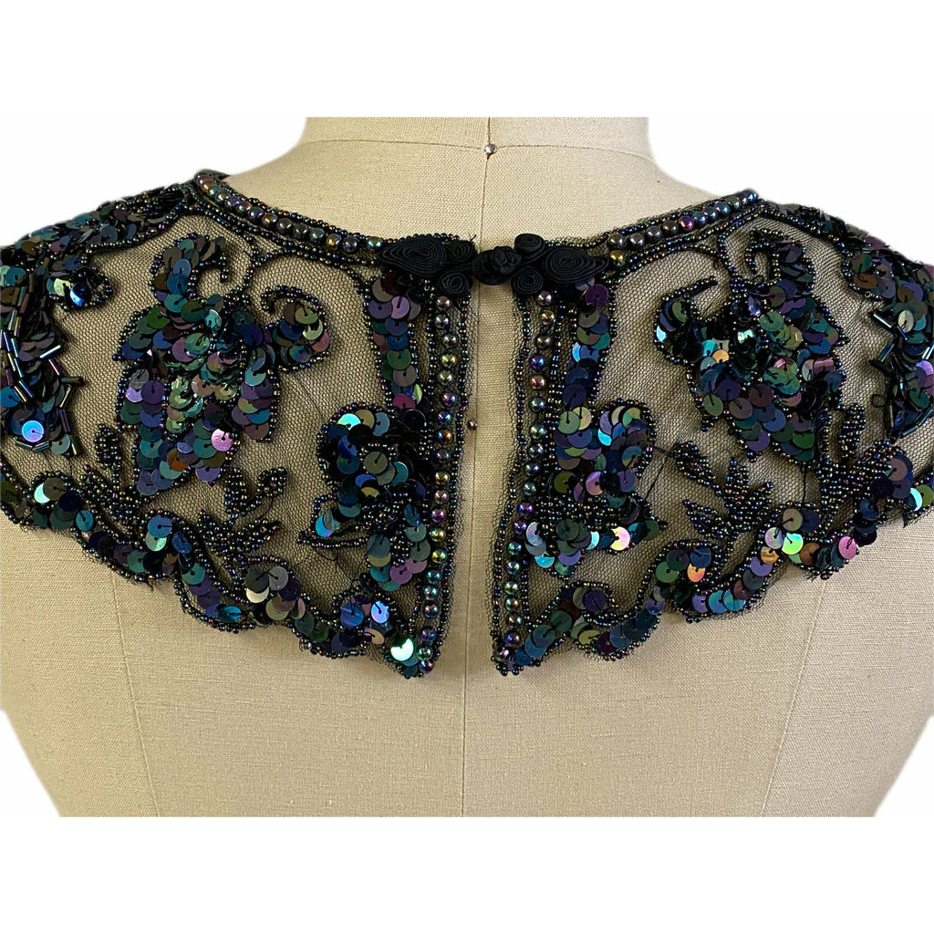 Vintage Embroidered Net Sequin Beaded Collar Black Blue Carnival Frog Closure The Best Vintage Clothing