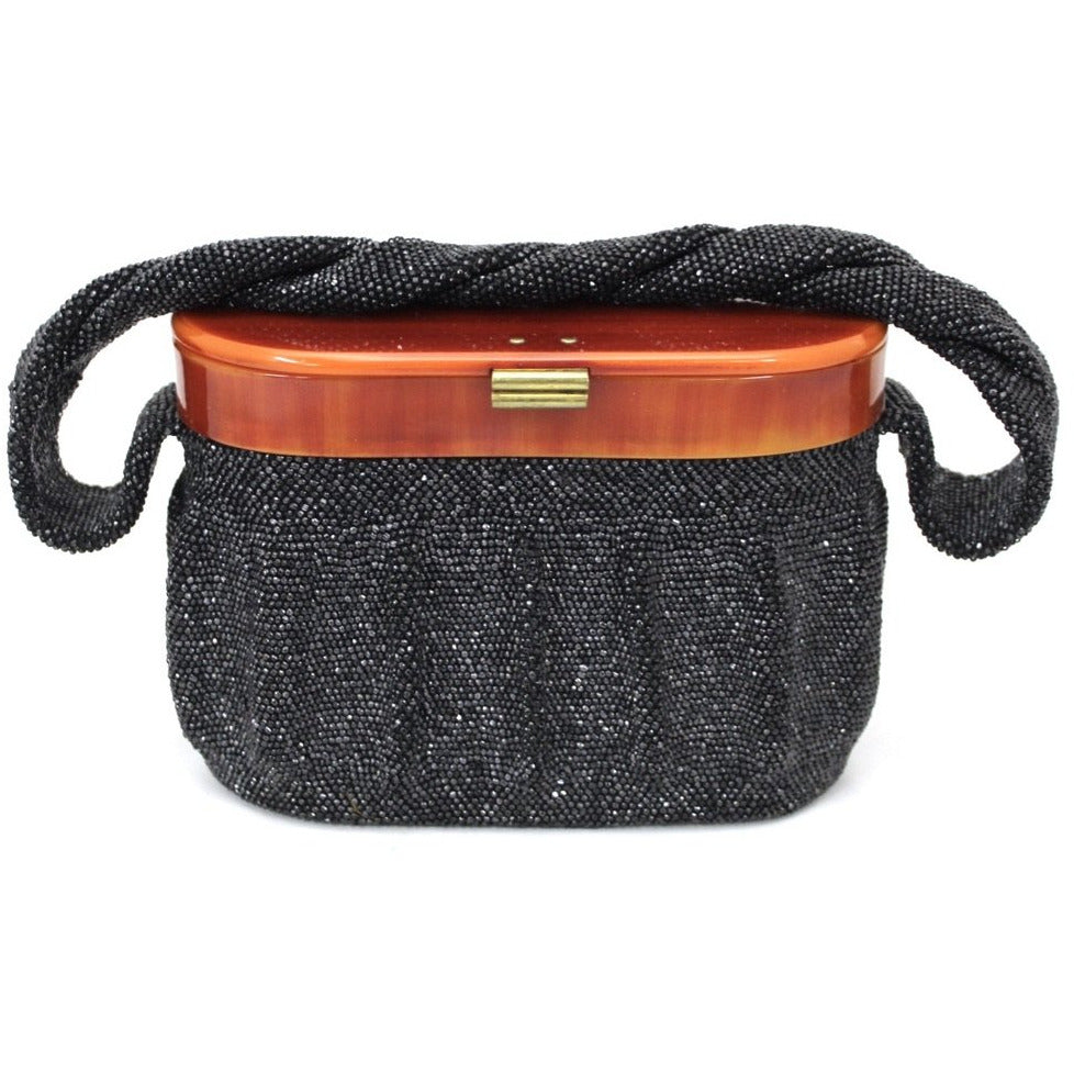 Vintage Box Purse Black Glass Beaded Bag 1940S Womens Butterscotch Bakelite Top Handbags The Best Vintage Clothing