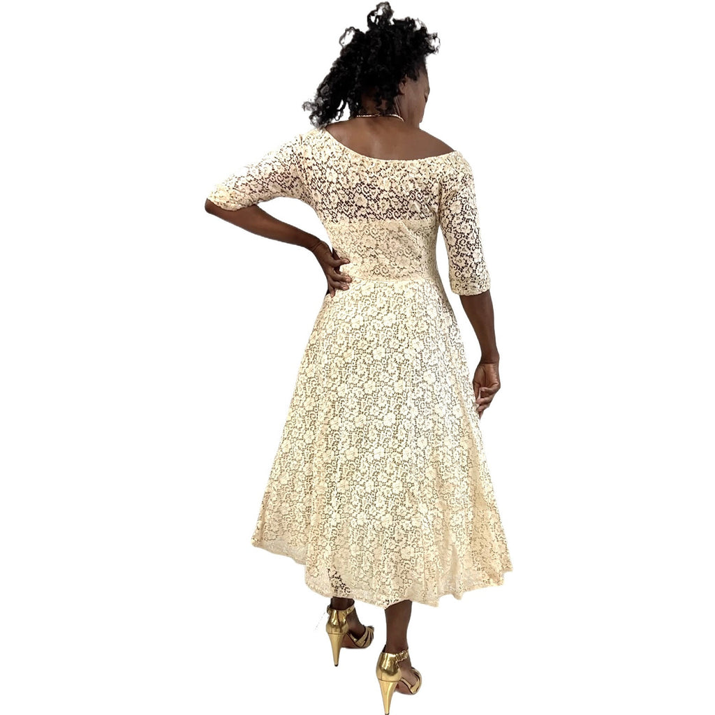 1950s Ivory Cotton Lace Gown Party / Wedding XS Circle Skirt Off Shoulder Sparkly The Best Vintage Clothing
