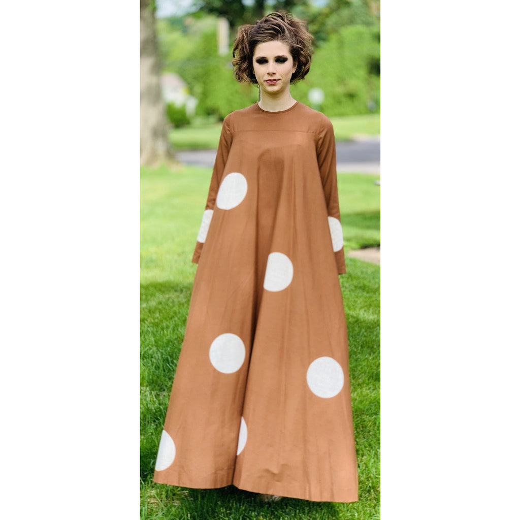 Vuokko 1970 Pallo Annika RImala Vintage Tent Gown Cotton Brown and White Polka Dot Sz 38 marimekko The Best Vintage Clothing