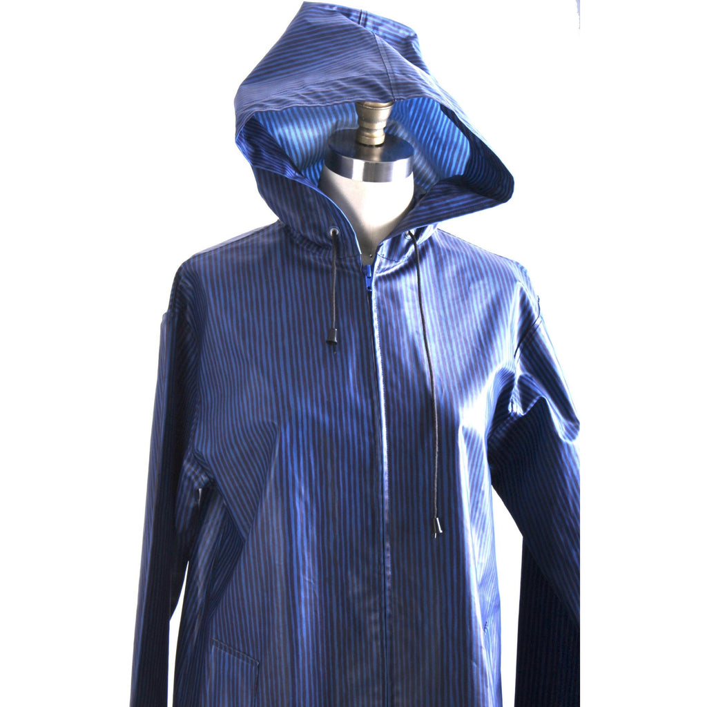 Rare Marimekko Varvunraita Vuokko Design 60s Raincoat Hooded Blue & Navy Stripe Print M 10 38 Zip Up marimekko The Best Vintage Clothing
