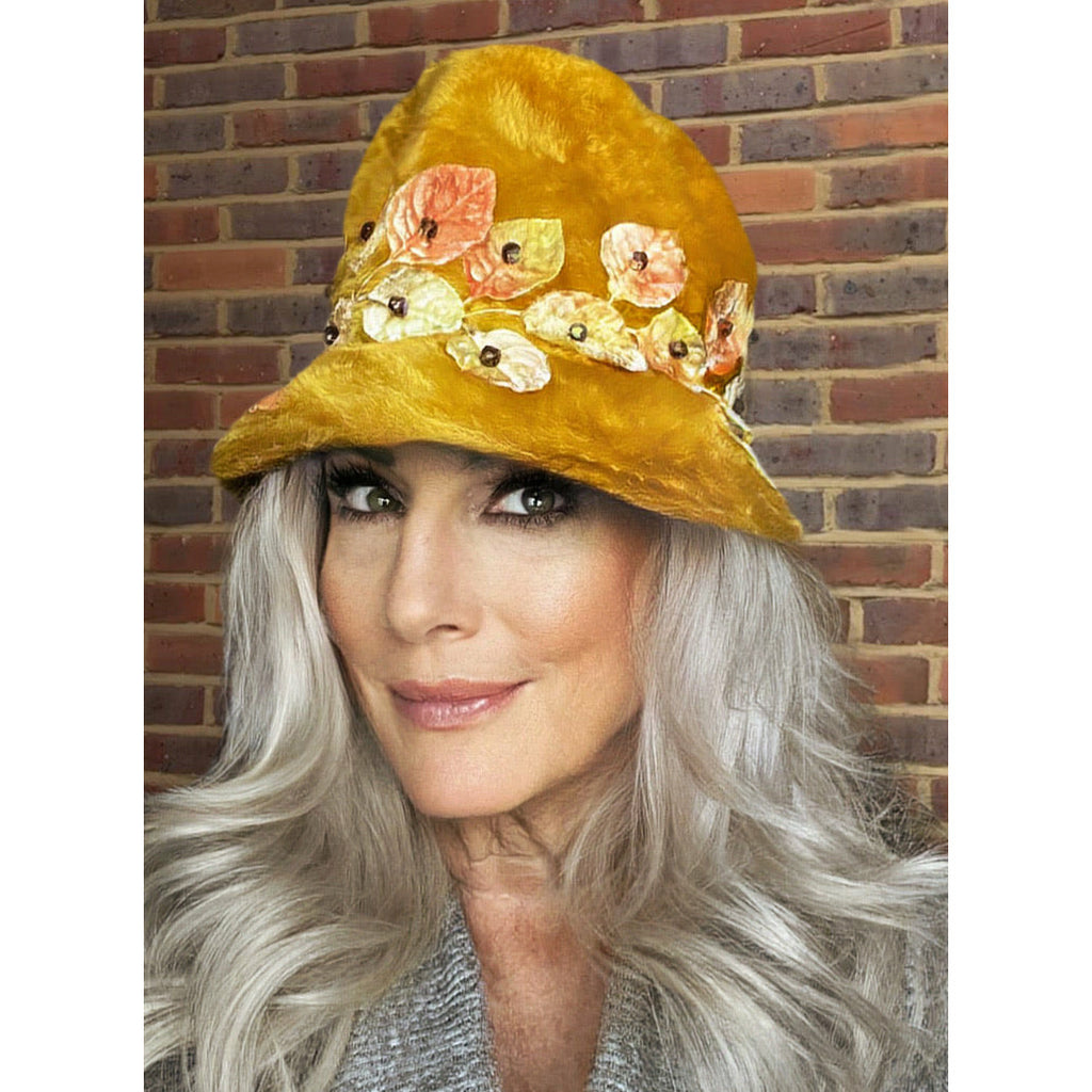 Vintage Harvest Gold Bucket Hat 1960s Mod Wool Sz 22 Applique Flowers Beads Hats The Best Vintage Clothing