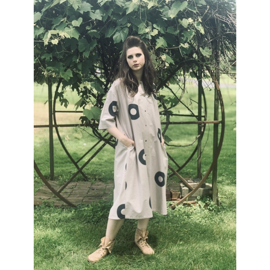 Vintage Mod 1970s Iconic Vuokko Beige / Gray Circles Geometric Print Coat Dress Sz S marimekko The Best Vintage Clothing