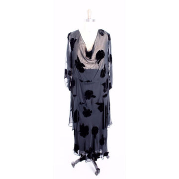 Downton Gatsby 1930s Harlow Gown Vintage Black Velvet Burnout Dress 40-38-44 Deco - The Best Vintage Clothing
 - 1