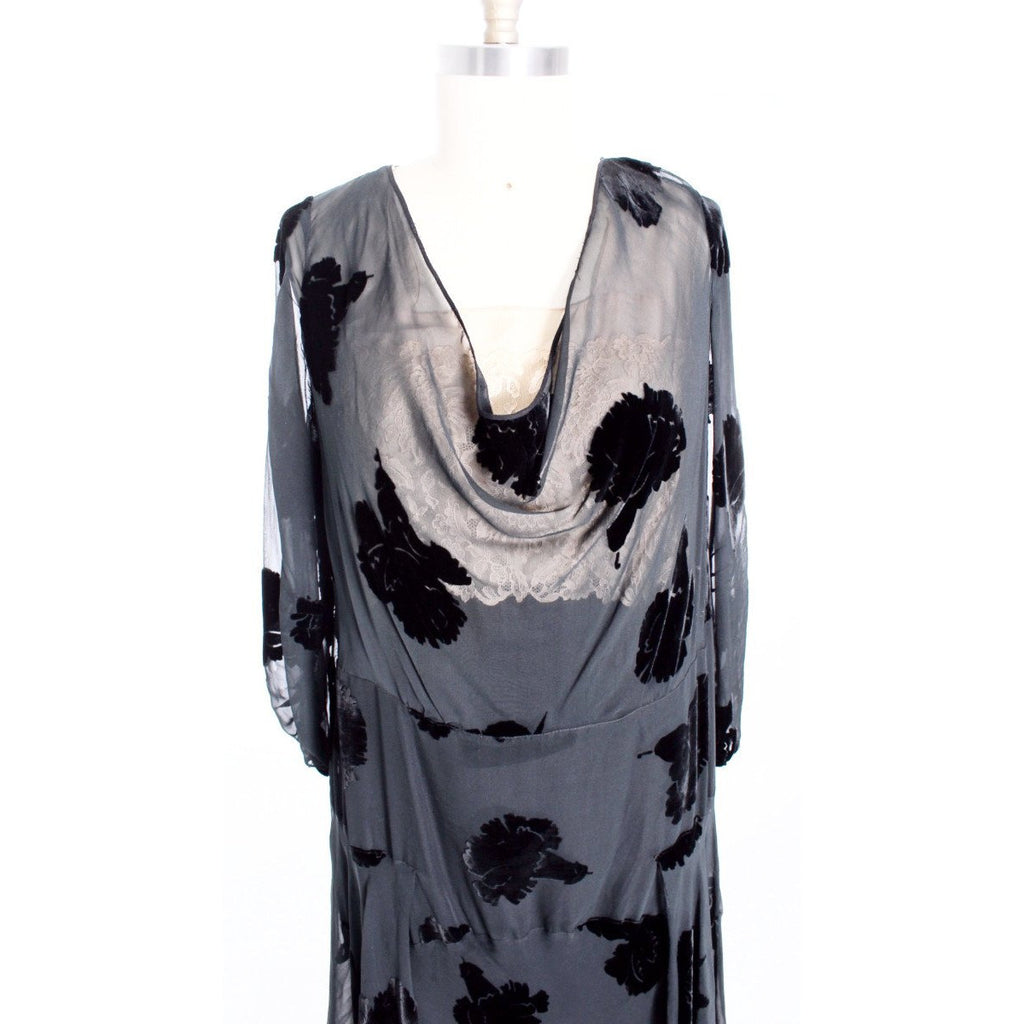 Downton Gatsby 1920s Flapper Gown Vintage Black Velvet Burnout Dress 40-38-44 Deco The Best Vintage Clothing