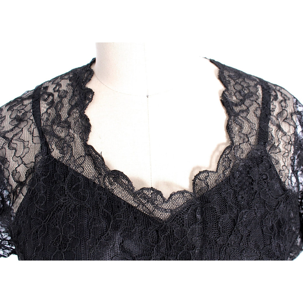 VTG 1940s Lace Gown Black Full Length M + Slip Wearable 40-32-44 The Best Vintage Clothing