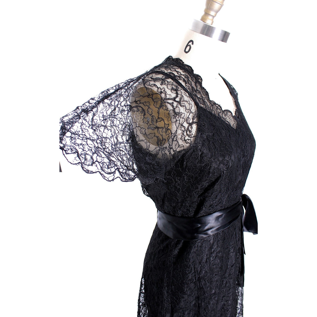 VTG 1940s Lace Gown Black Full Length M + Slip Wearable 40-32-44 The Best Vintage Clothing