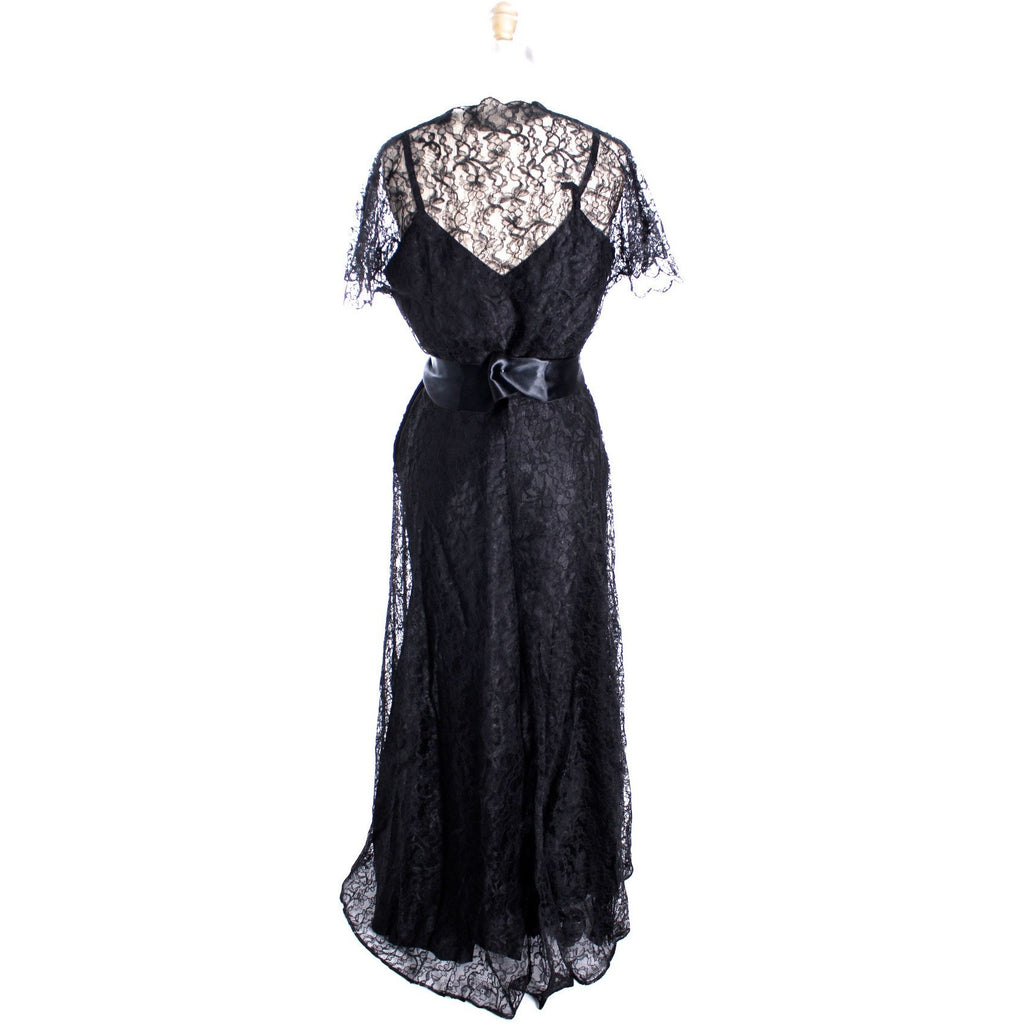 VTG 1940s Lace Gown Black Full Length M + Slip Wearable 40-32-44 The Best Vintage Clothing