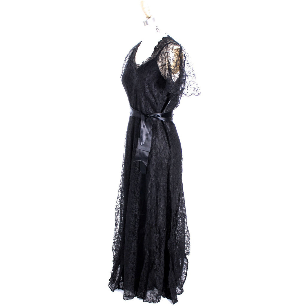 VTG 1940s Lace Gown Black Full Length M + Slip Wearable 40-32-44 The Best Vintage Clothing