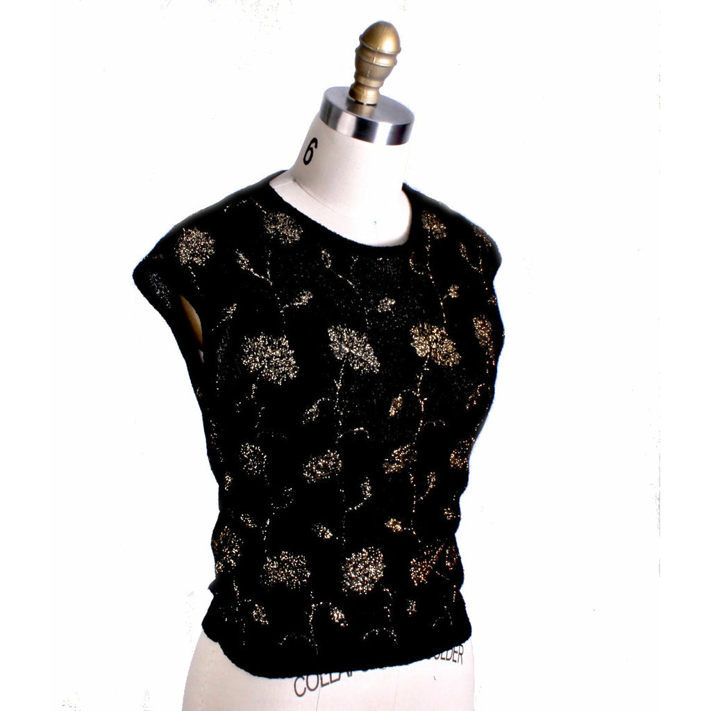 VTG Black/ Gold Floral Metallic Rayon Boucle Shell Tank Knit "Stylebest" Womens S The Best Vintage Clothing