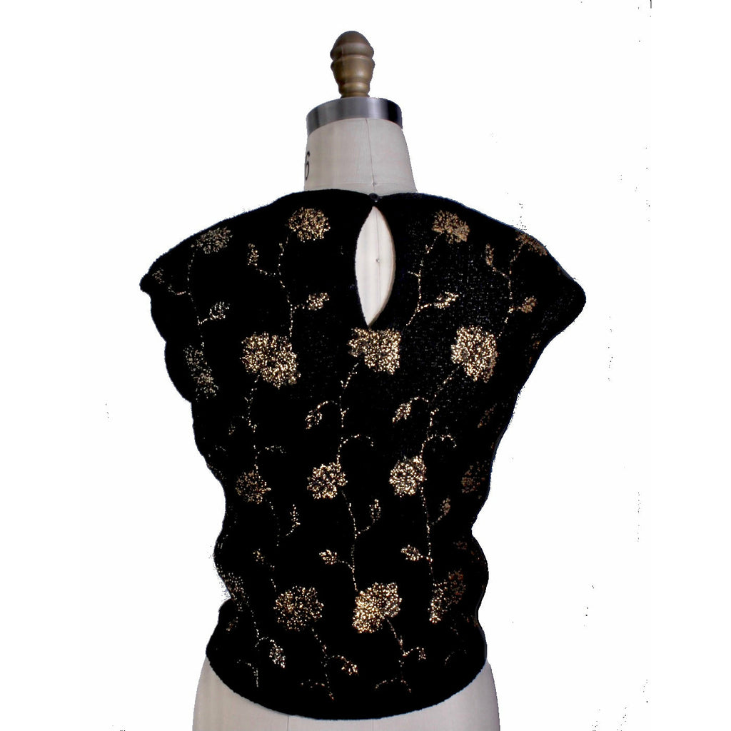 VTG Black/ Gold Floral Metallic Rayon Boucle Shell Tank Knit "Stylebest" Womens S The Best Vintage Clothing
