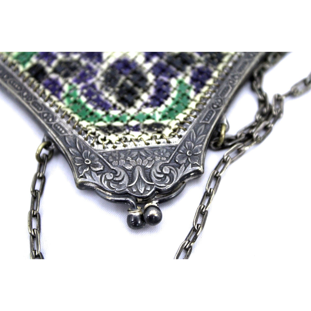 Antique Art Deco MANDALIAN MFG. CO. signed 1920s Mesh Metal Purse Purple Green Birds purses The Best Vintage Clothing