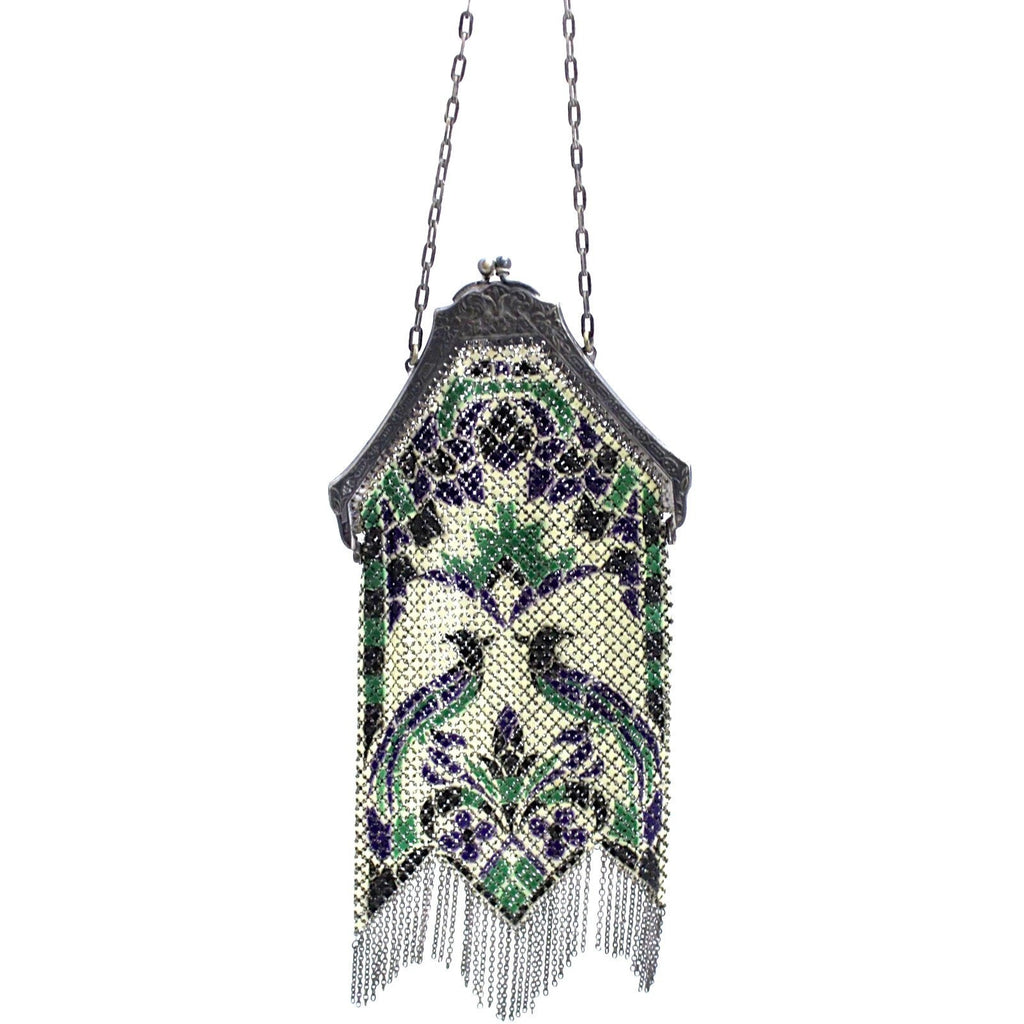 Antique Art Deco MANDALIAN MFG. CO. signed 1920s Mesh Metal Purse Purple Green Birds purses The Best Vintage Clothing