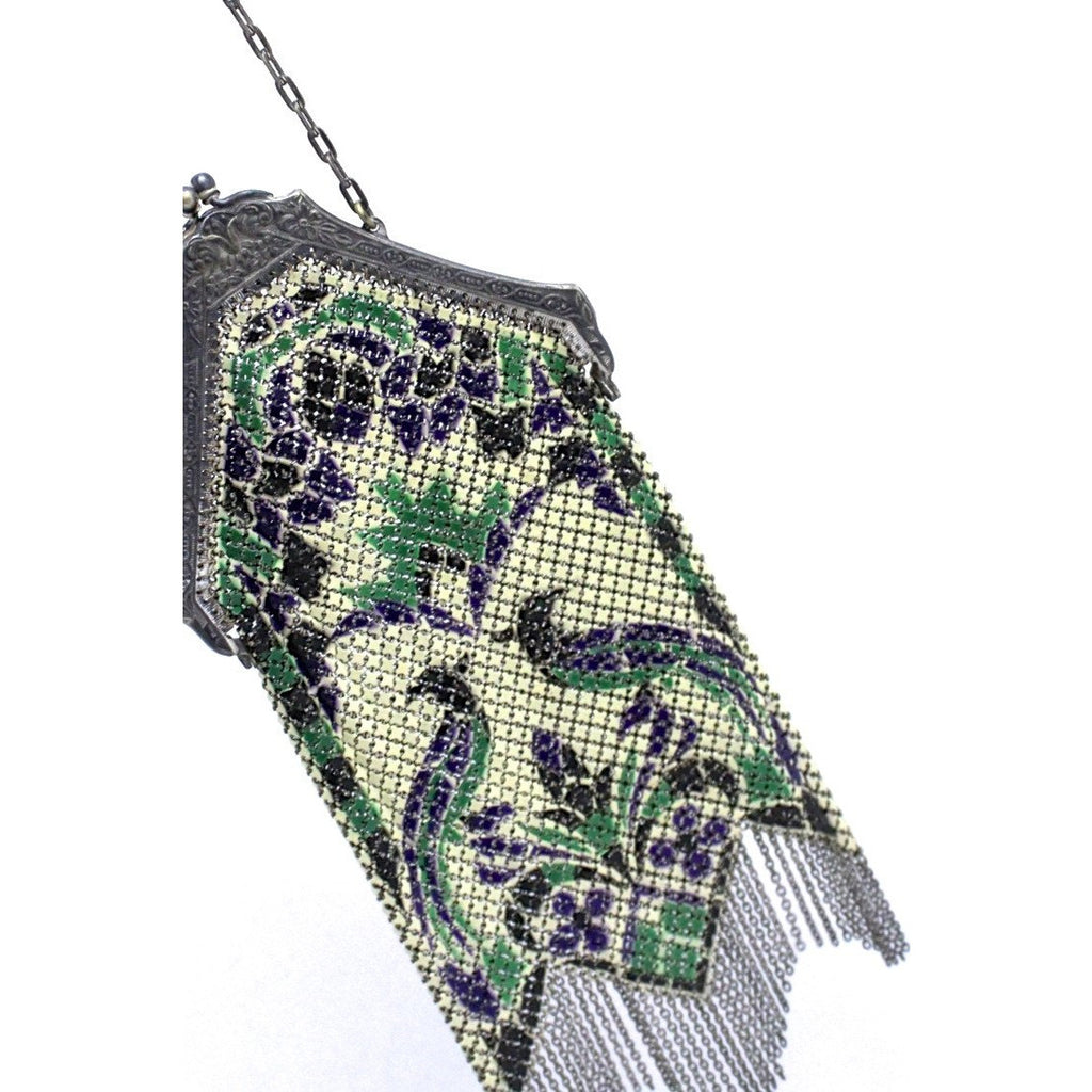 Antique Art Deco MANDALIAN MFG. CO. signed 1920s Mesh Metal Purse Purple Green Birds purses The Best Vintage Clothing