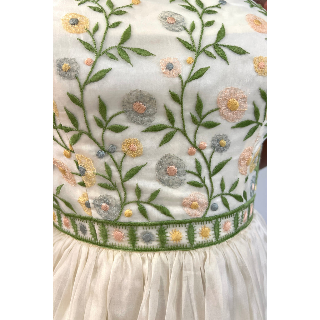 Vintage 1950s Dress MCM Pale Yellow Embroidered Skirt XS Cotillion Full SKirt dresses The Best Vintage Clothing