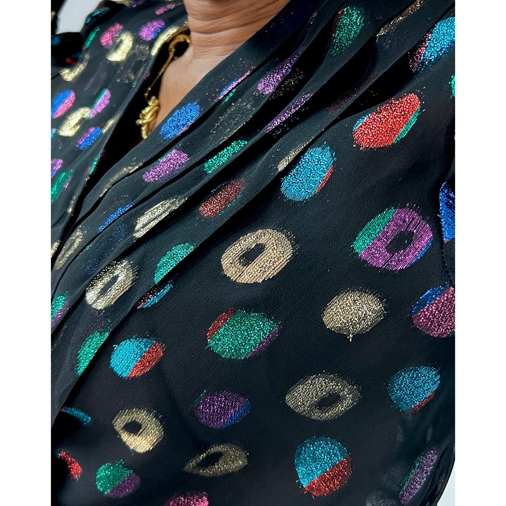Lloyd Williams Blouse 80s Black /Metallic colorful Rayon Polka Dots Sz M/L vintage blouse The Best Vintage Clothing