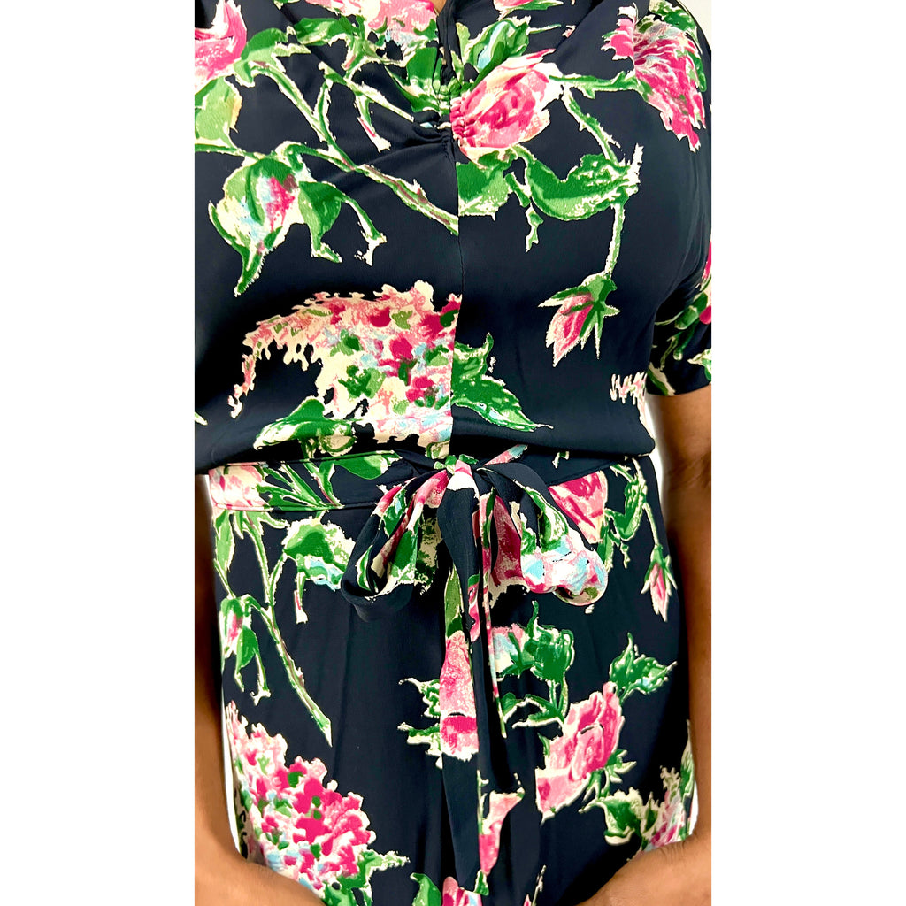 Amazing 1940s Black Famous Frocks Vintage Dress Rayon Print Black. Pink Floral Womens M The Best Vintage Clothing