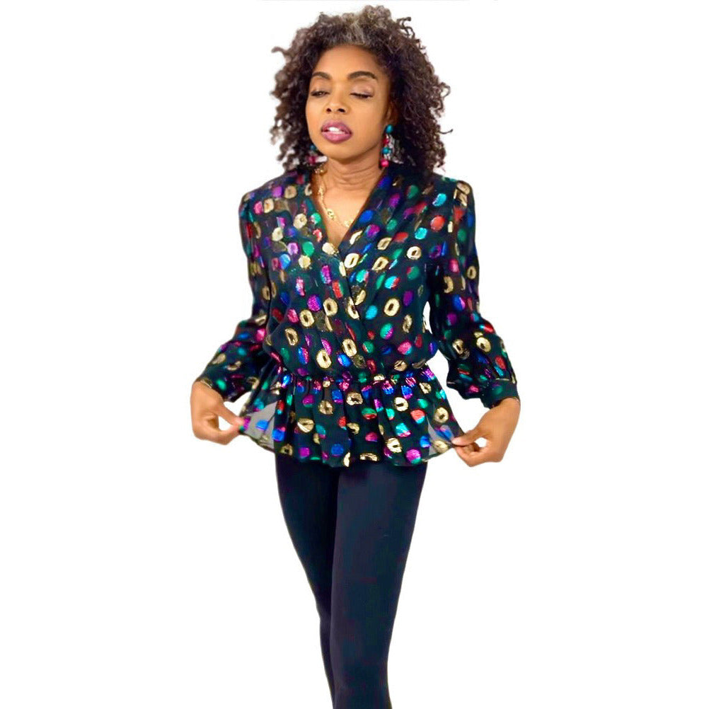 Lloyd Williams Blouse 80s Black /Metallic colorful Rayon Polka Dots Sz M/L vintage blouse The Best Vintage Clothing