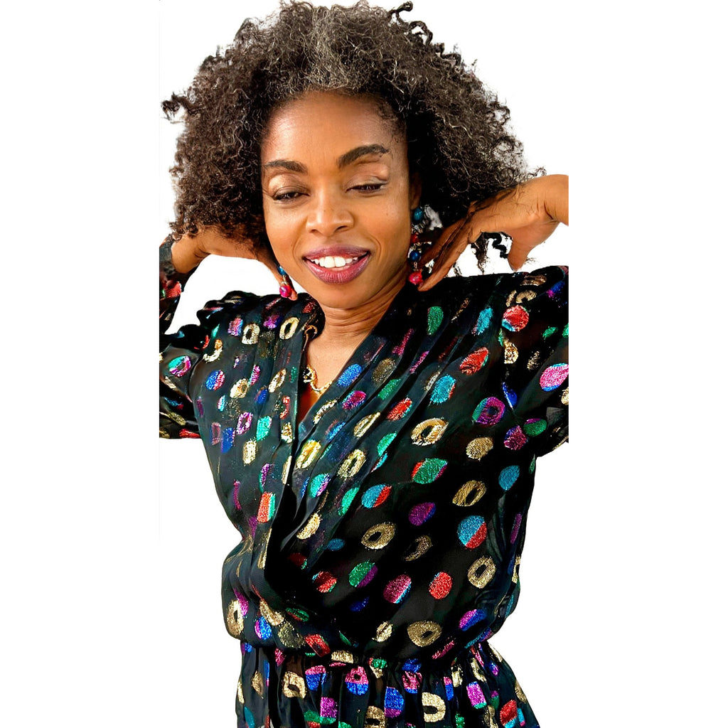 Lloyd Williams Blouse 80s Black /Metallic colorful Rayon Polka Dots Sz M/L vintage blouse The Best Vintage Clothing