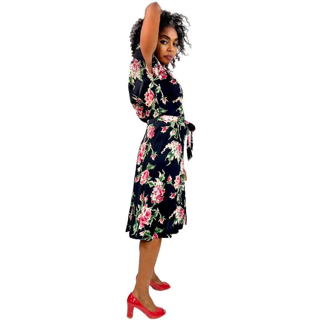 Amazing 1940s Black Famous Frocks Vintage Dress Rayon Print Black. Pink Floral Womens M The Best Vintage Clothing