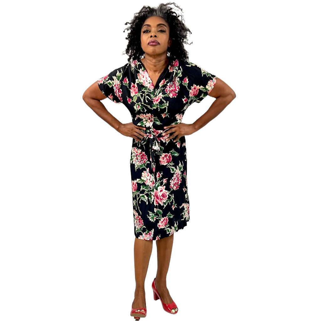 Amazing 1940s Black Famous Frocks Vintage Dress Rayon Print Black. Pink Floral Womens M The Best Vintage Clothing