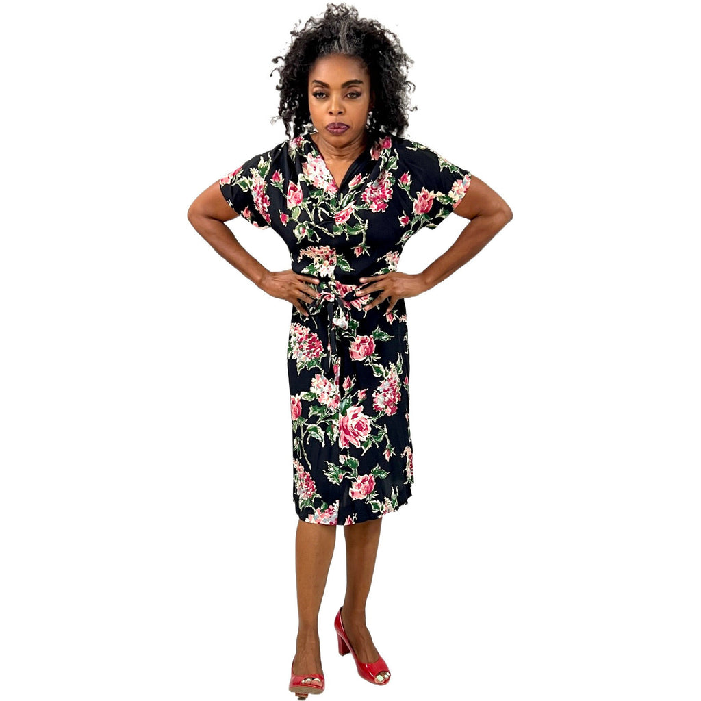 Amazing 1940s Black Famous Frocks Vintage Dress Rayon Print Black. Pink Floral Womens M The Best Vintage Clothing