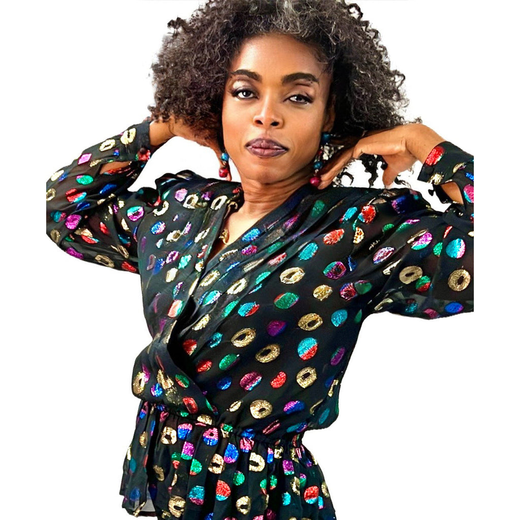 Lloyd Williams Blouse 80s Black /Metallic colorful Rayon Polka Dots Sz M/L vintage blouse The Best Vintage Clothing