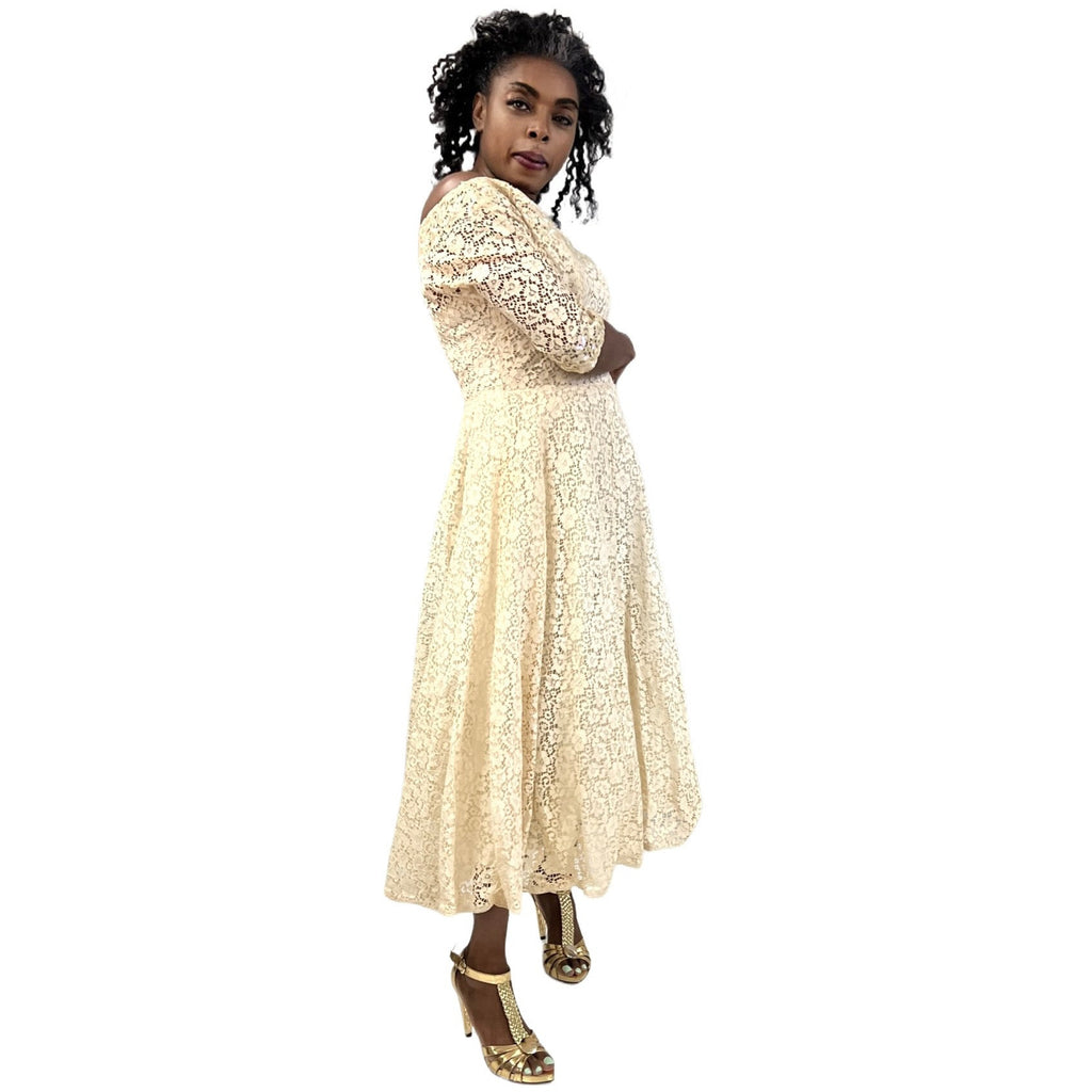 1950s Ivory Cotton Lace Gown Party / Wedding XS Circle Skirt Off Shoulder Sparkly The Best Vintage Clothing