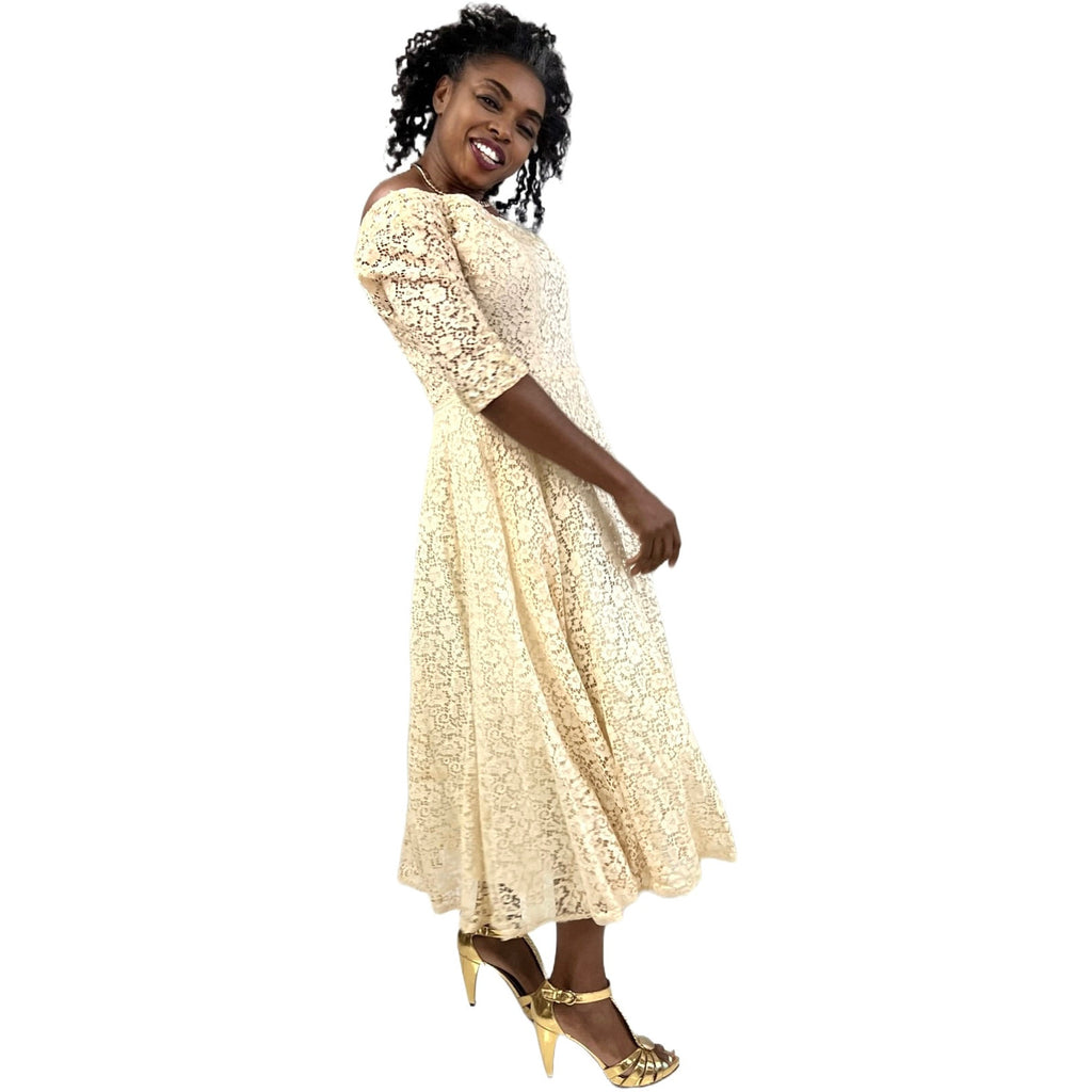 1950s Ivory Cotton Lace Gown Party / Wedding XS Circle Skirt Off Shoulder Sparkly The Best Vintage Clothing