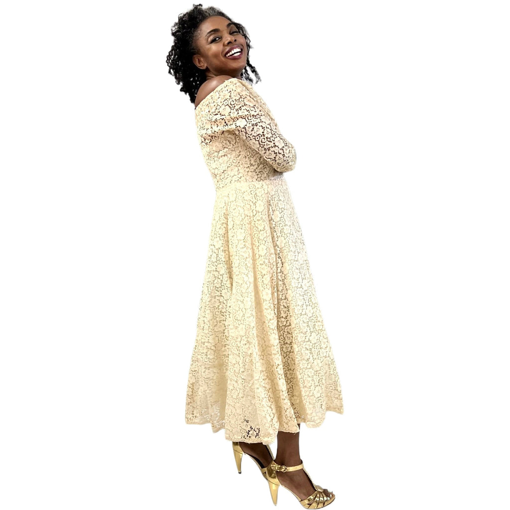 1950s Ivory Cotton Lace Gown Party / Wedding XS Circle Skirt Off Shoulder Sparkly The Best Vintage Clothing