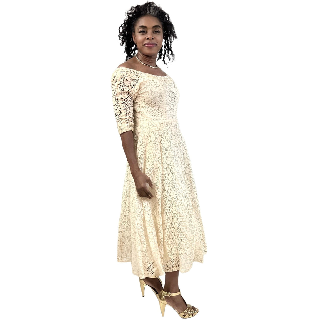 1950s Ivory Cotton Lace Gown Party / Wedding XS Circle Skirt Off Shoulder Sparkly The Best Vintage Clothing