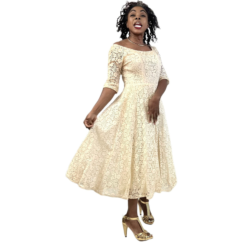 1950s Ivory Cotton Lace Gown Party / Wedding XS Circle Skirt Off Shoulder Sparkly The Best Vintage Clothing