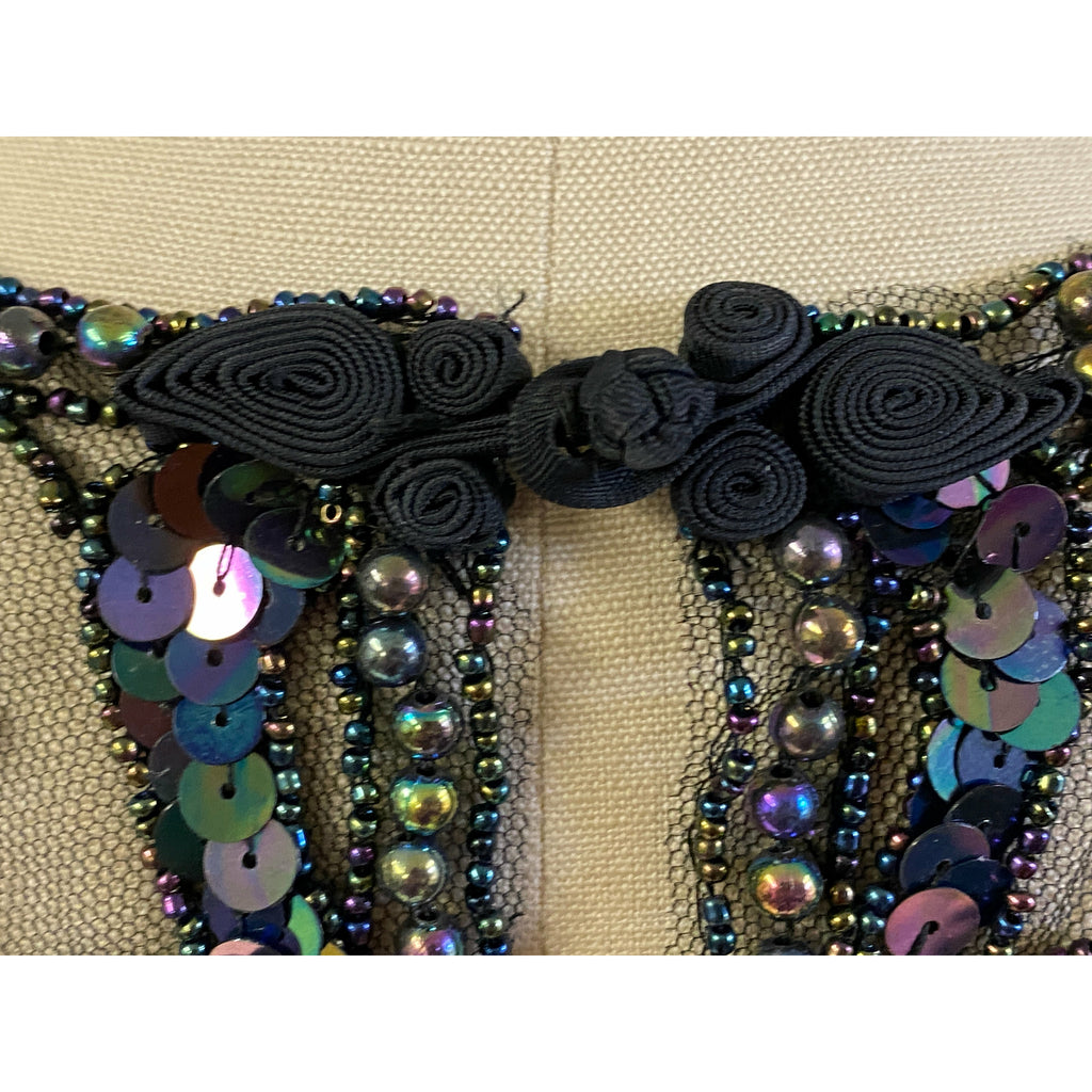Vintage Embroidered Net Sequin Beaded Collar Black Blue Carnival Frog Closure The Best Vintage Clothing