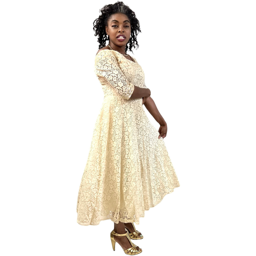 1950s Ivory Cotton Lace Gown Party / Wedding XS Circle Skirt Off Shoulder Sparkly The Best Vintage Clothing