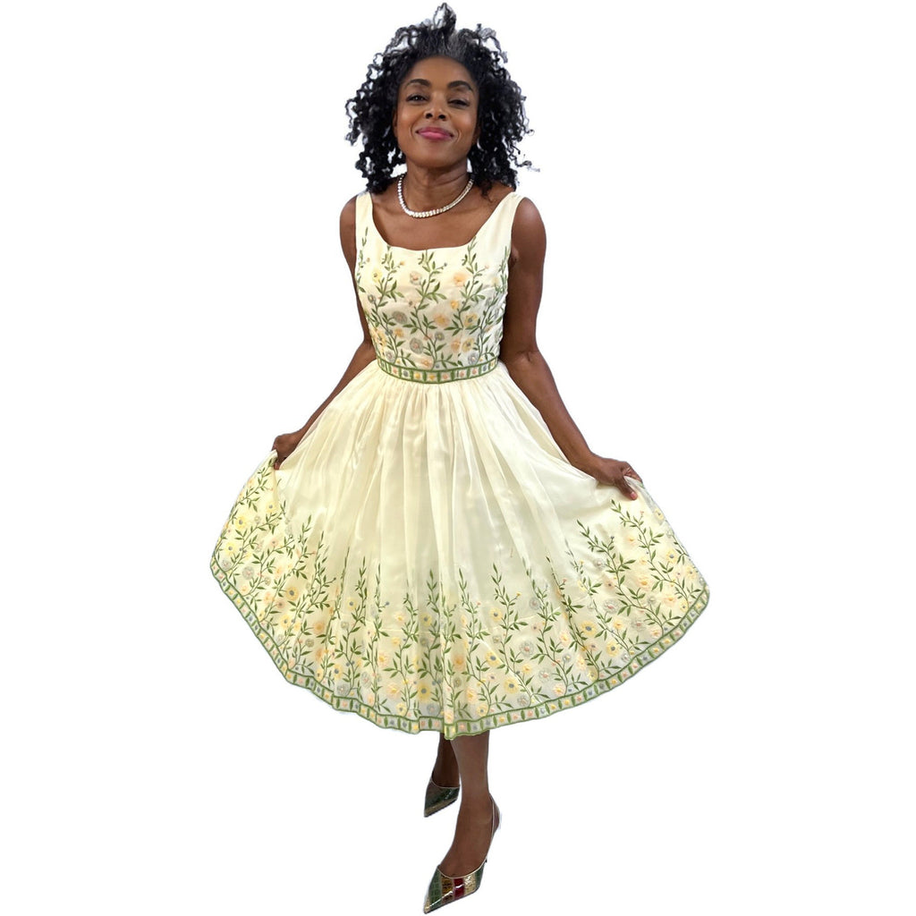 Vintage 1950s Dress MCM Pale Yellow Embroidered Skirt XS Cotillion Full SKirt dresses The Best Vintage Clothing
