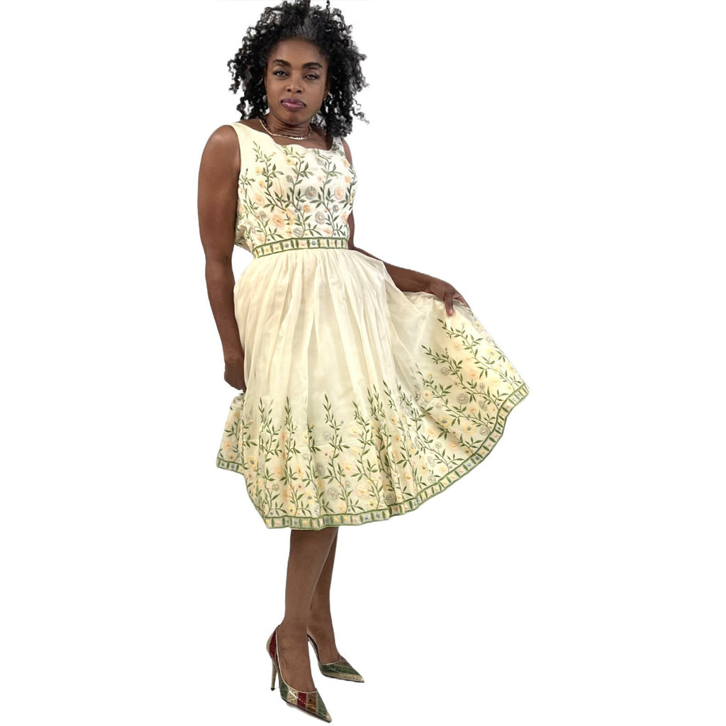 Vintage 1950s Dress MCM Pale Yellow Embroidered Skirt XS Cotillion Full SKirt dresses The Best Vintage Clothing