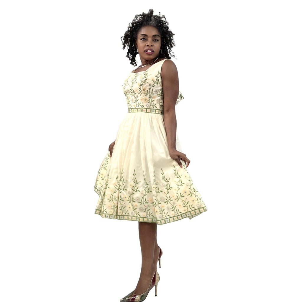 Vintage 1950s Dress MCM Pale Yellow Embroidered Skirt XS Cotillion Full SKirt dresses The Best Vintage Clothing